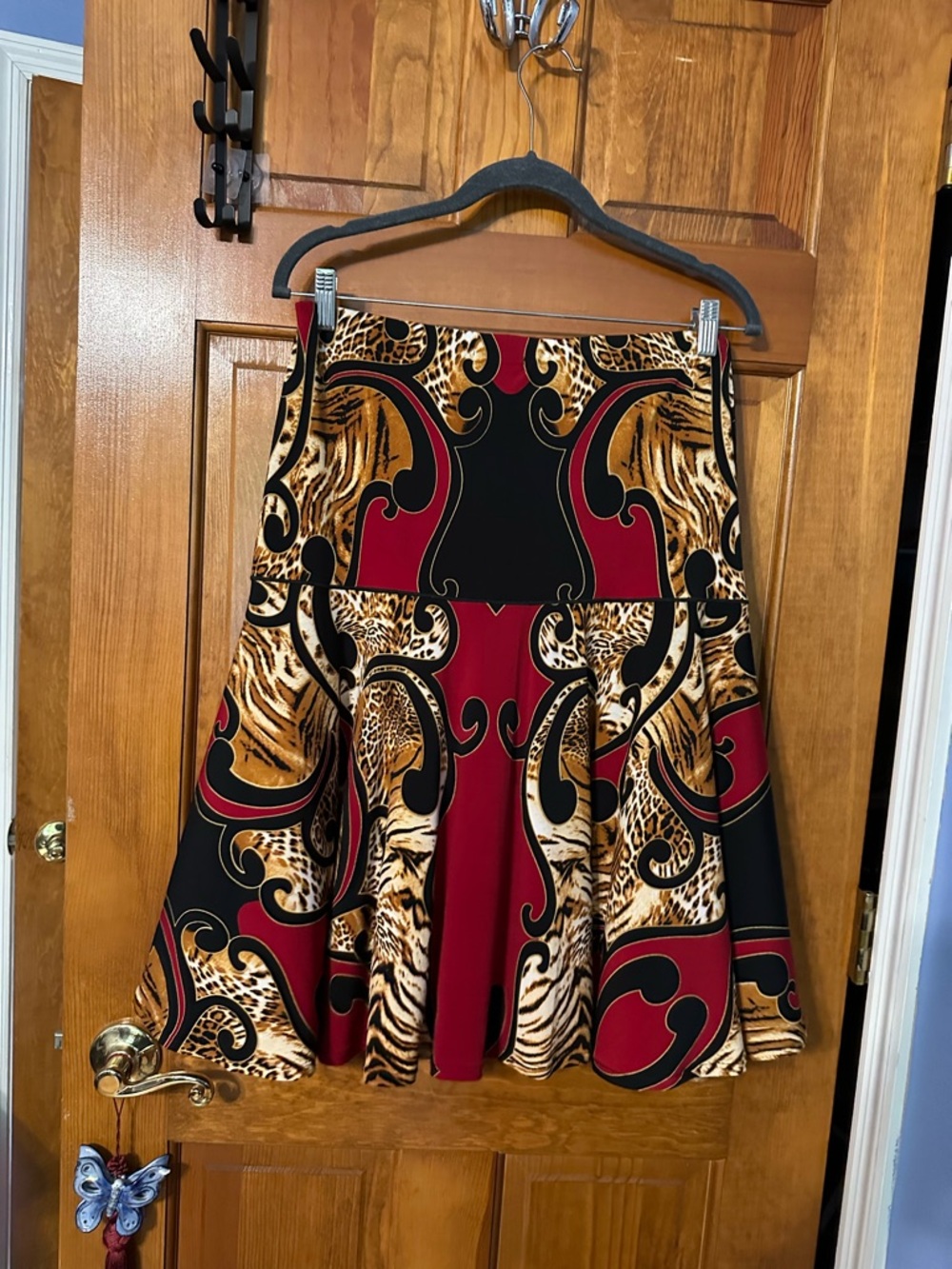 eva varro Red, Black and Leopard Print Midi Circle Skirt